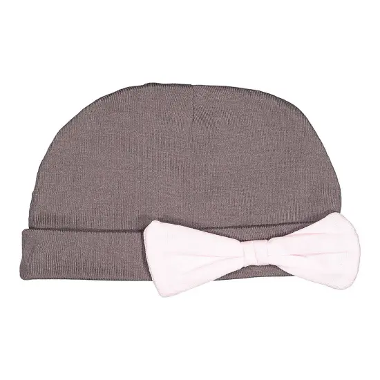 Baby Folded Beanie Cap with Bow --- 100% Cotton --- Various Colors by Rabbit Skins&reg; Charcoal /light pink {1}