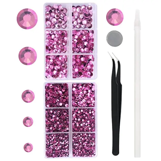 6616 Pieces Hot Pink Hotfix Rhinestones Crystal Gems Glass for Tumblers Clothes Shirts Glitter Flat Back Round with Tweezers and Picking Pen (SS6~SS30) {1}