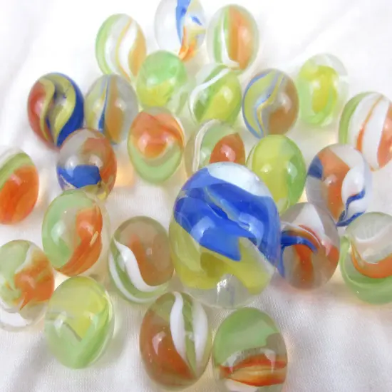 25 Glass Marbles CAT'S EYE Orange/Blue Cats Eyes Game Pack Shooter Swirl Squid {1}