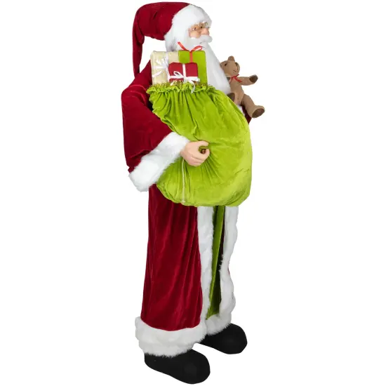 Northlight Plush Santa Claus with Teddy Bear and Gift Bag Christmas Figure - 6' - Red and Green {3}