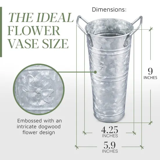 3 Pieces Galvanized Metal Farmhouse Flower Vases 9 Inch, - Rustic Decorative French Flower Bucket Pots for Wedding Table Centerpiece Decorations, Home Decor by Walford Home {5}