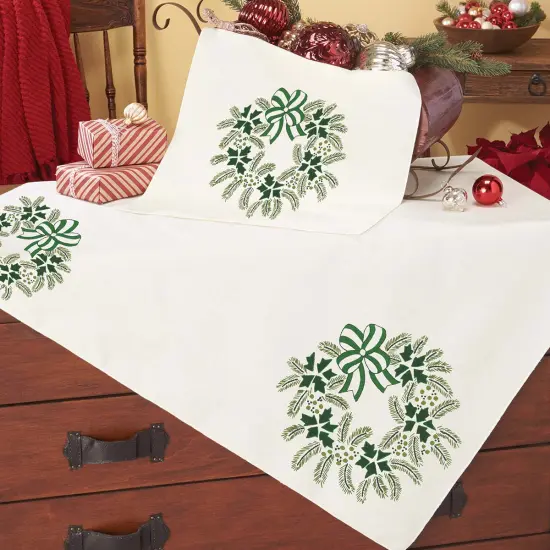 HerrschnersWintergreen Wreath Table Topper & Runner Stamped Embroidery Multi {1}
