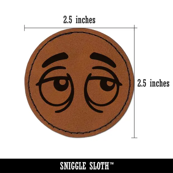 Cartoon Eyes Tired Sleepy Round Iron-On Engraved Faux Leather Patch Applique - 2.5" Brown {3}