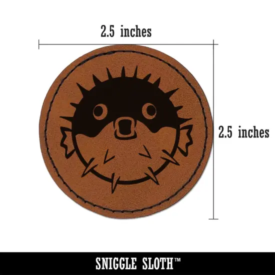 Startled Puffer Fish Round Iron-On Engraved Faux Leather Patch Applique - 2.5" Brown {3}