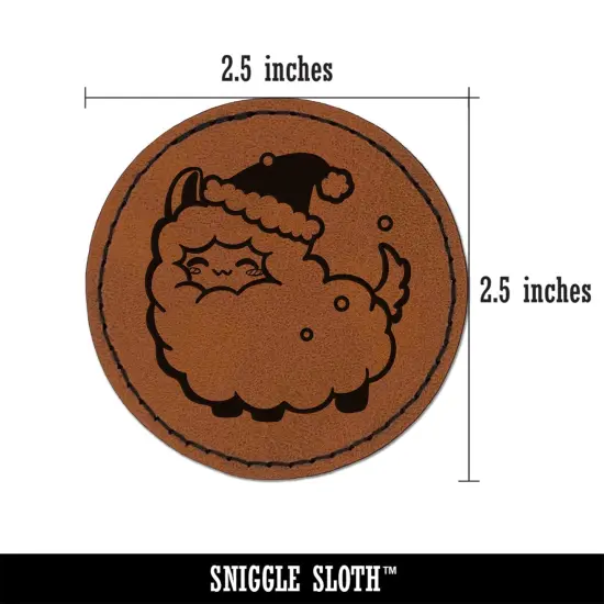 Christmas Llama Round Iron-On Engraved Faux Leather Patch Applique - 2.5" Brown {2}