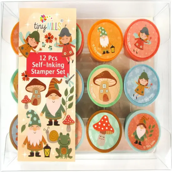 TINYMILLS 12 Pcs Garden Fairies Mushroom Gnomes Stamp Kit for Kids - Gnomes Garden Fairies Tea Party Self Inking Stamps Gift Party Favors {1}