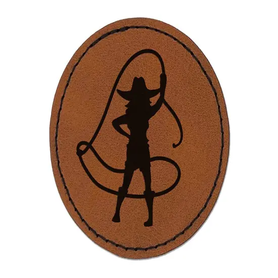 Rodeo Cowboy Woman Cowgirl Waving Lasso Around Round Iron-On Engraved Faux Leather Patch Applique - 2.5" Brown {1}