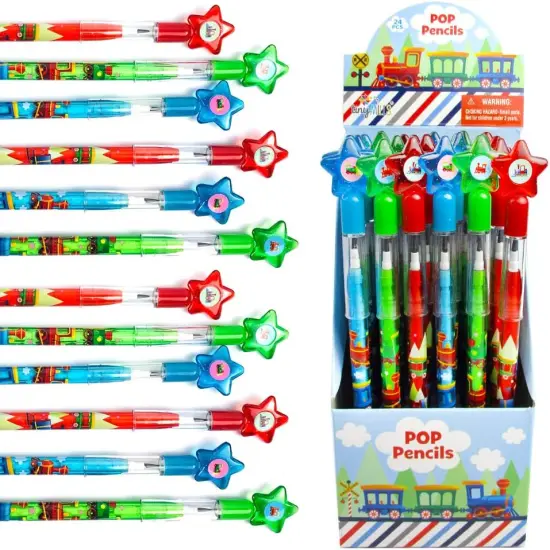 TINYMILLS 24 Pcs Train Multi Point Stackable Push Pencil Assortment with Eraser {1}