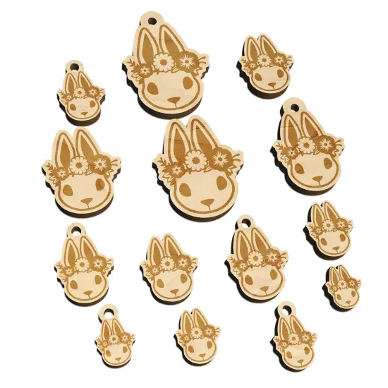 Cute Easter Bunny Rabbit Head with Flower Crown Mini Wood Shape Charms Jewelry DIY Craft {7}