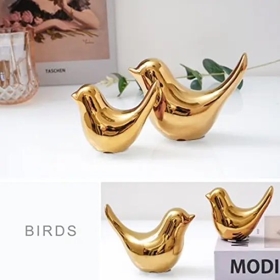 2 Pieces Small Birds Statues Home Decor Modern Style Birds Decorative Ornaments for Living Room, Bedroom, Office Desktop, Cabinets (Gold Birds) {6}