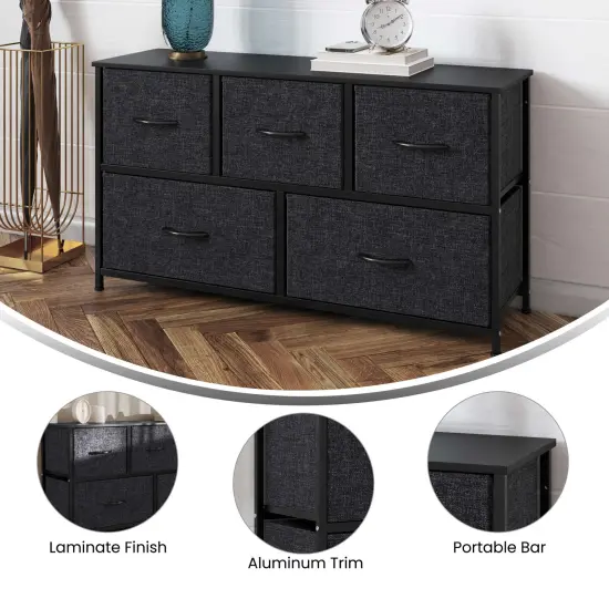 Emma and Oliver Marley 5 Drawer Storage Dresser with Cast Iron Frame, Wood Top and Easy Pull Fabric Drawers with Wooden Handles BlackDrawer/Black {2}