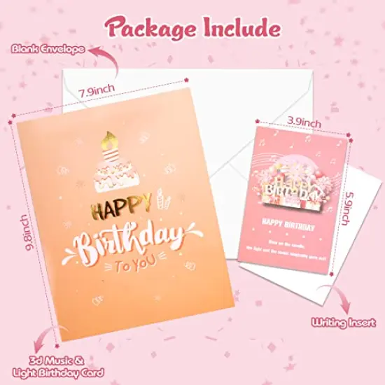 Musical Birthday Card 3D Pop Up with Light Blow Out LED Candle and Plays Happy Birthday Music Surprise Greeting Cards Gifts for Women Rose Gold {3}