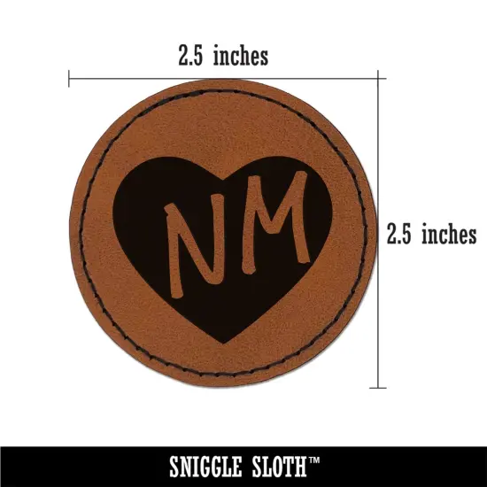 NM New Mexico State in Heart Round Iron-On Engraved Faux Leather Patch Applique - 2.5" Brown {3}