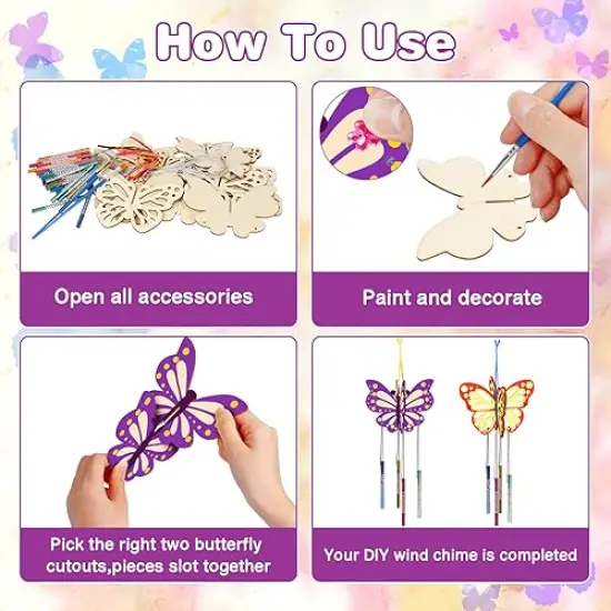 8 Pack 3D Butterfly Wind Chime Kit for Kids Make Your Own Butterfly Wind Chime Wooden Arts and Crafts for Kids Ornaments DIY to Paint Butterfly Craft for Spring Art Activity Birthday Party {6}