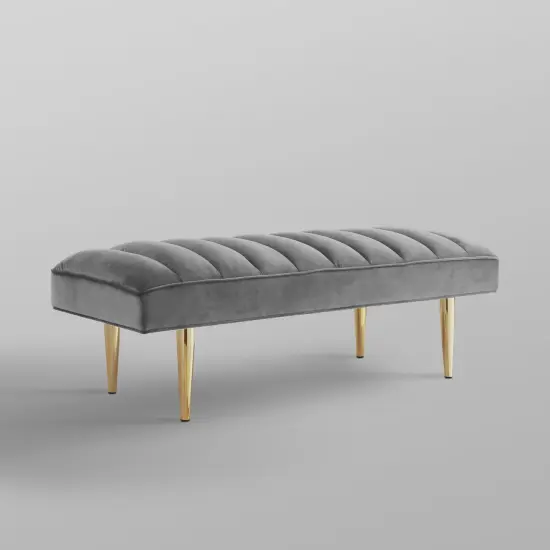 Denver Velvet Channel Tufted Bench with Mirrorred Lacquer Finish With Gold/Chrome Legs Light Grey/Gold {5}