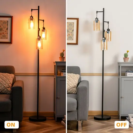 Retro Floor Lamp with 3-Head Hanging Amber Glass Shade {6}