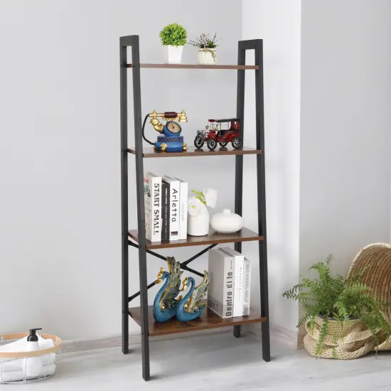 4-Tier Durable Bookcase Bookshelf Leaning Wall Ladder Shelf. {2}