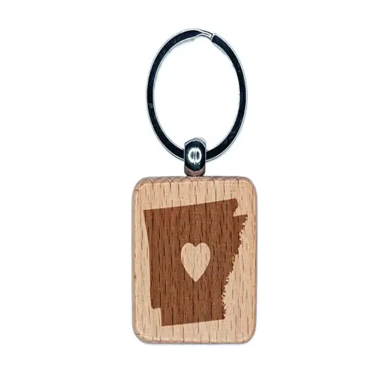 Arkansas State with Heart Engraved Wood Square Keychain Tag Charm {1}