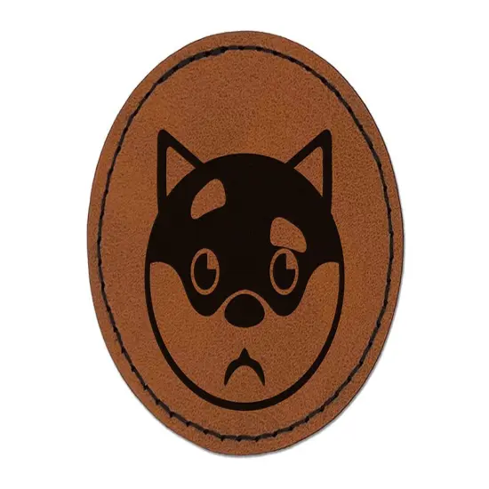 Husky Dog Face Curious Round Iron-On Engraved Faux Leather Patch Applique - 2.5" Brown {1}