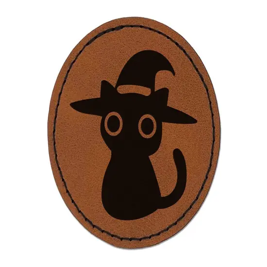 Black Cat with Witch Hat Halloween Round Iron-On Engraved Faux Leather Patch Applique - 2.5" Brown {1}