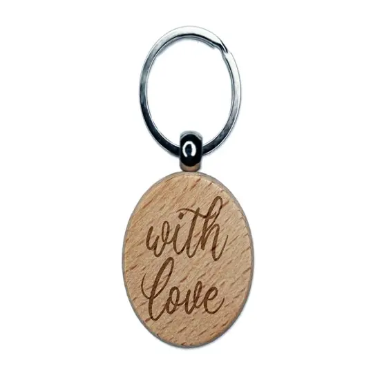 With Love Script Engraved Wood Round Keychain Tag Charm {1}