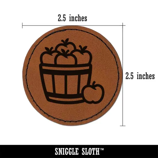 Basket of Apples Fruit Fall Round Iron-On Engraved Faux Leather Patch Applique - 2.5" Brown {3}