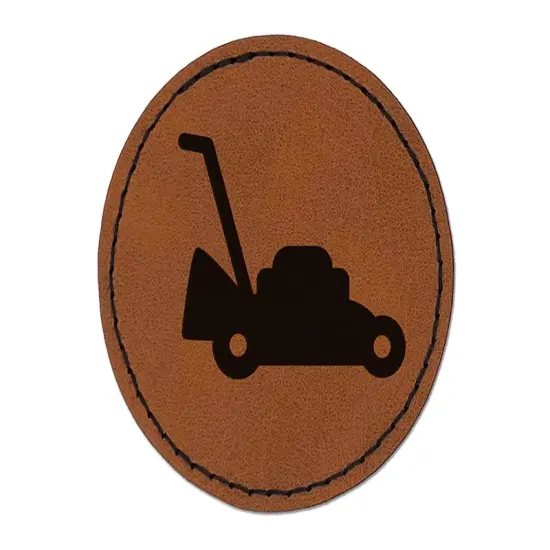 Lawn Mower Round Iron-On Engraved Faux Leather Patch Applique - 2.5" Brown {1}
