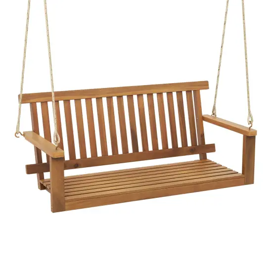 Costway 2-Seat Porch Swing Bench Acacia Wood Chair with 2 Hanging Hemp Ropes for Backyard {4}