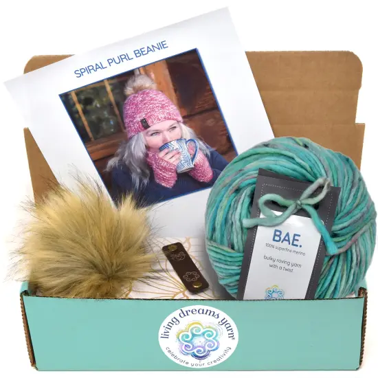 DIY Winter Hat Knit Kit. Includes Bulky Superfine Merino Wool Yarn, Printed Pattern, Pom-Pom, Rim Tag. Soft, Cozy, Great for Gifts Crush {1}