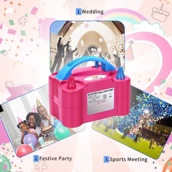 Electric Portable Dual Nozzle Balloon Blower Pump Inflation for Decoration, Party [110V~120V, 600W, Rose Red] {3}