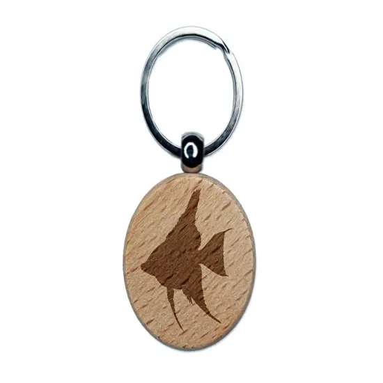 Freshwater Angelfish Fish Silhouette Engraved Wood Round Keychain Tag Charm {1}