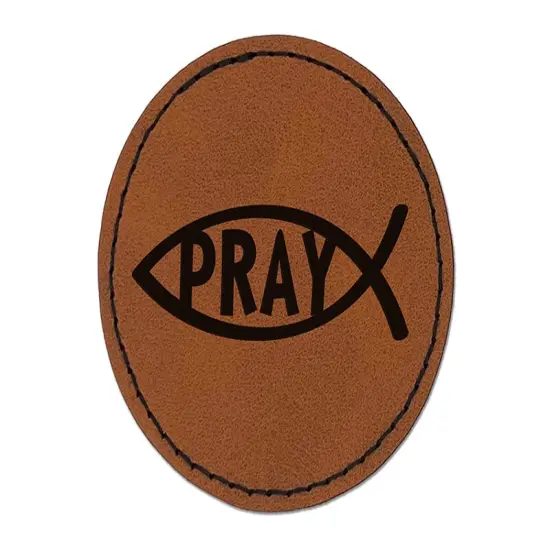 Pray Ichthys Fish Christian Sketch Round Iron-On Engraved Faux Leather Patch Applique - 2.5" Brown {1}