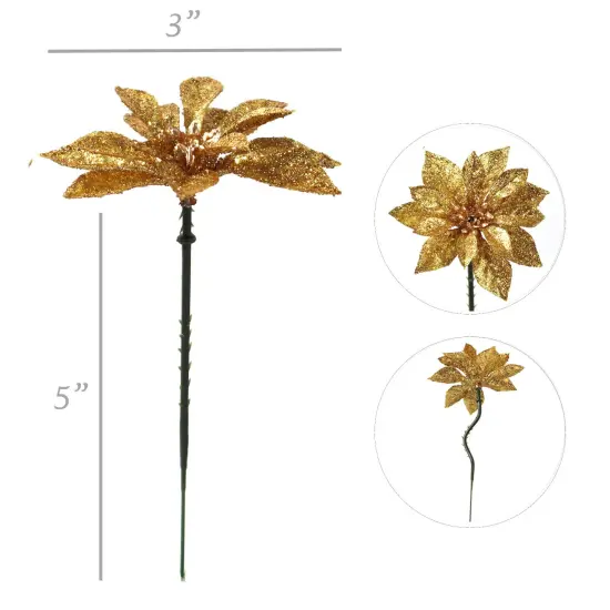24-Pack: Sparkling Vibrant Gold Glitter Poinsettia Picks by Floral Home&reg; {2}