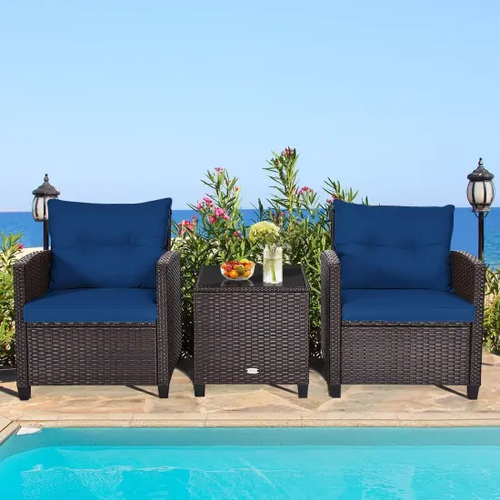 3 Pcs Patio Rattan Furniture Set Cushioned Conversation Set Coffee Table Navy {2}