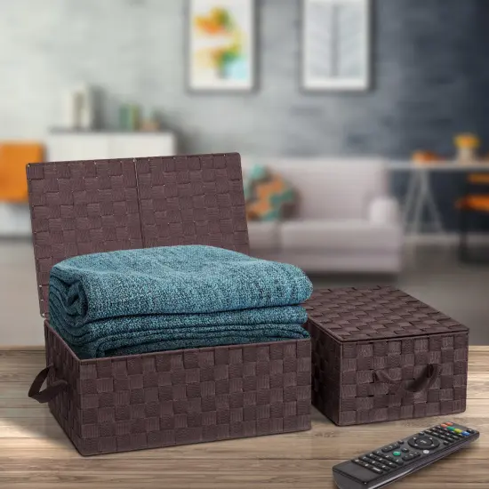 Sorbus Woven Basket Bin Set - Shelf Storage Tote Baskets for Household Items - Stackable with lid, Woven Straps and built-in Carry Handles (3 Pack) Chocolate {3}