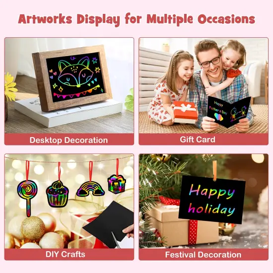 Scratch Paper Art Set: 60 Pieces Magic Drawing Art Craft Kid Black Scratch Off Paper Supply Kit Toddler Preschool Learning Bulk Toy for Age 3 4 5 6 7 8 9 10 Girl Boy Christmas Birthday Party Gift {3}