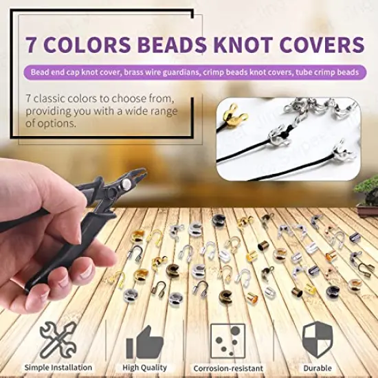 1501 Pieces 6 Colors 4 Styles Brass Tube Crimp Beads with Bead Crimping Pliers Kit, Including Brass Tube Crimp Beads & Crimp Beads Knot Covers & Wire Guardians & Iron Bead Tips Knot Covers {4}
