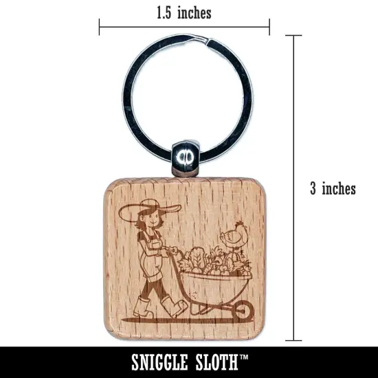 Gardener Farmer Girl with Wheelbarrow of Fruits Vegetables Chicken Engraved Wood Square Keychain Tag Charm {2}