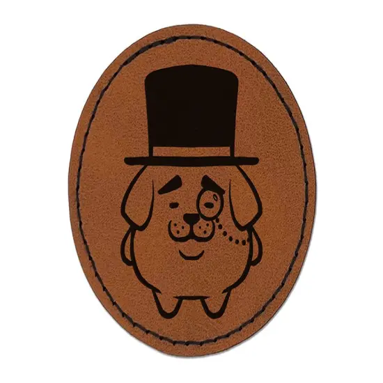 Weird Fancy Gentleman Dog Pup Top Hat Monocle Round Iron-On Engraved Faux Leather Patch Applique - 2.5" Brown {1}