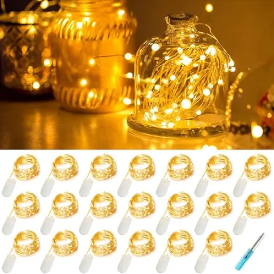 YOEEN 20 Pack Fairy Lights Battery Operated 3.3ft 20 LED Mini String Lights Copper Wire Firefly Starry Lights for Mason Jars Wedding Centerpieces Party Christmas Decor, Warm White {1}