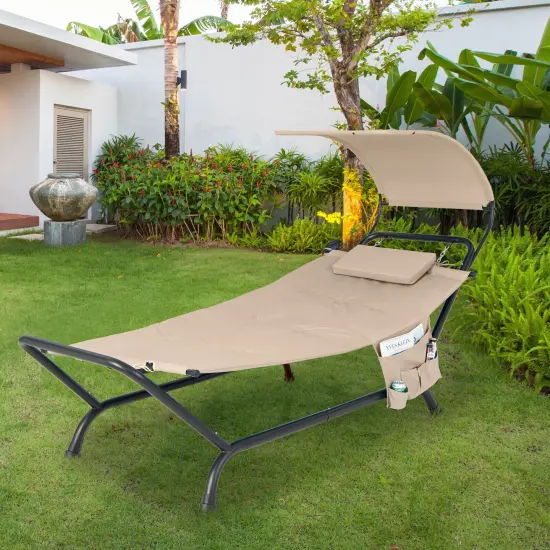 Patio Hanging Chaise Lounge Chair with Canopy Cushion Pillow and Storage Bag Beige {2}