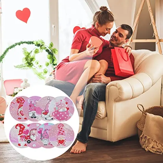 8 Pieces Valentines Day Diamond Paintings Coasters Diamond Painting Coasters with Iron Holder, DIY Gnome Diamond Painting Kit for Adults & Kids Diamond Art Craft Supplies Valentines Decorations {3}