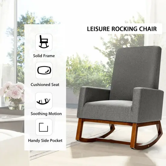 Rocking High Back Upholstered Lounge Armchair with Side Pocket Grey {5}