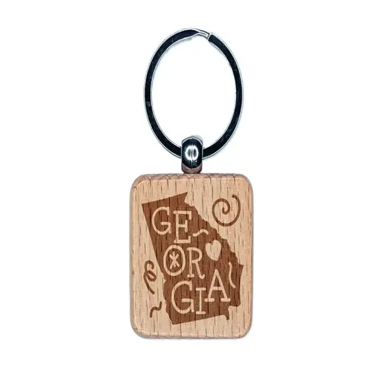Georgia State with Text Swirls Engraved Wood Square Keychain Tag Charm {1}