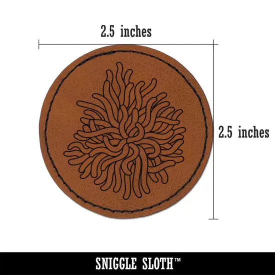 Sea Anemone Outline Ocean Life Round Iron-On Engraved Faux Leather Patch Applique - 2.5" Brown {3}