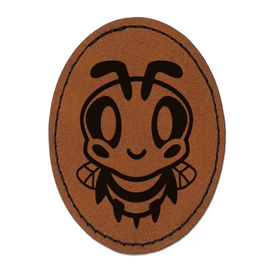 Cute Bee Happy Round Iron-On Engraved Faux Leather Patch Applique - 2.5" Brown {1}