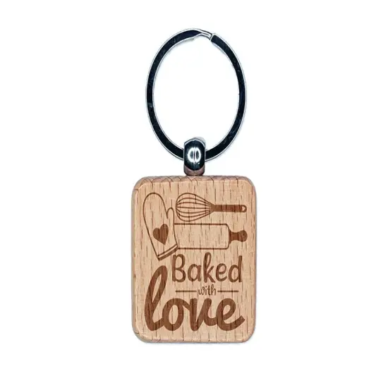 Baked With Love Whisk Rolling Pin Engraved Wood Square Keychain Tag Charm {1}