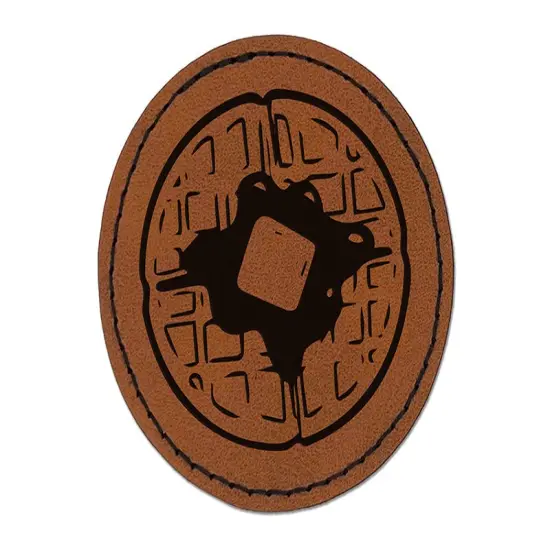 Breakfast Waffle Butter Syrup Round Iron-On Engraved Faux Leather Patch Applique - 2.5" Brown {1}