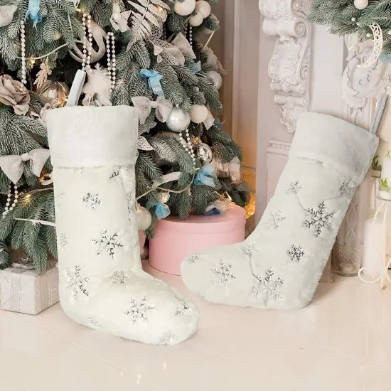 Set of 4 White Christmas Stockings 21" with Faux Furry Silver Large Snowflake {2}