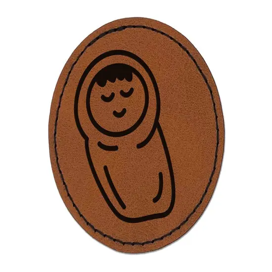 Sleeping Baby Doodle Round Iron-On Engraved Faux Leather Patch Applique - 2.5" Brown {1}